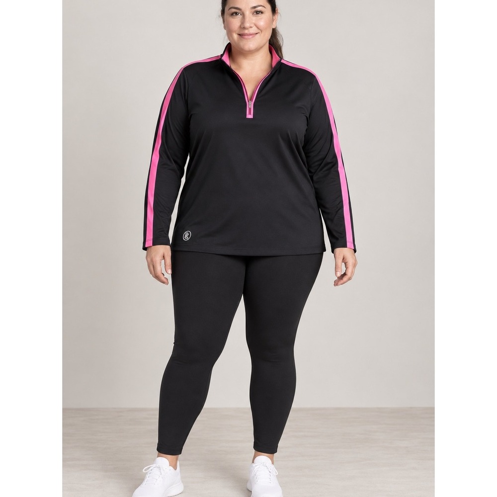 Lauren Ralph Lauren Womens 2X Black Pink Stripe Quarter Zip Active Top Long Slv